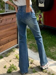 DAZY 高腰喇叭褲牛仔褲 - 中等水洗藍 - 查看 2