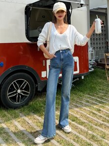 DAZY 高腰喇叭褲牛仔褲 - 中等水洗藍 - 查看 4