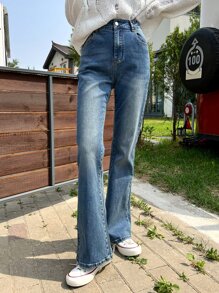 DAZY 高腰喇叭褲牛仔褲 - 中等水洗藍 - 查看 5