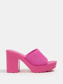 Zapatos de mujer con tacón grueso y banda sencilla, sandalias tipo mulé de color rosa intenso para la primavera y el verano - Rosa Fucsia - Ver 2