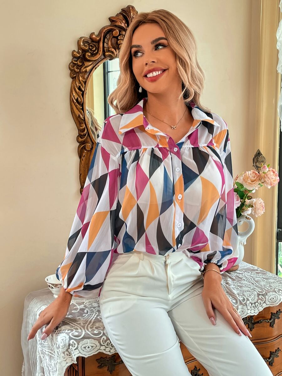 SHEIN Unity Geo Print Drop Shoulder Lantern Sleeve Shirt - Multicolor - View 1