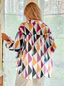 SHEIN Unity Geo Print Drop Shoulder Lantern Sleeve Shirt - Multicolor - View 2