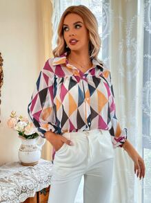 SHEIN Unity Geo Print Drop Shoulder Lantern Sleeve Shirt - Multicolor - View 4