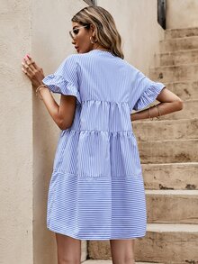 SHEIN Unity Striped Flounce Sleeve Smock Dress - Blue and White - View 2