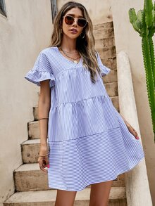 SHEIN Unity Striped Flounce Sleeve Smock Dress - Blue and White - View 3