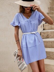 SHEIN Unity Striped Flounce Sleeve Smock Dress - Blue and White - View 5