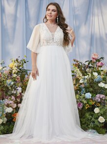 SHEIN Belle Plus Contrast Lace Flutter Sleeve Mesh Wedding Dress - White - View 1