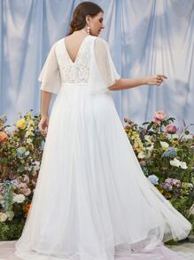SHEIN Belle Plus Contrast Lace Flutter Sleeve Mesh Wedding Dress - White - View 2