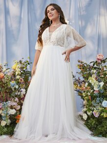 SHEIN Belle Plus Contrast Lace Flutter Sleeve Mesh Wedding Dress - White - View 5