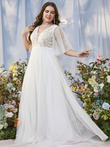 SHEIN Belle Plus Contrast Lace Flutter Sleeve Mesh Wedding Dress - White - View 6