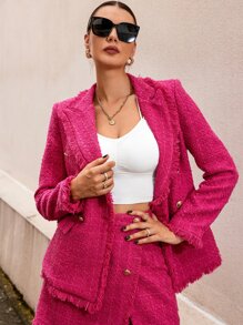 SHEIN BIZwear Raw Cut Double Breasted Blazer - Hot Pink - View 5