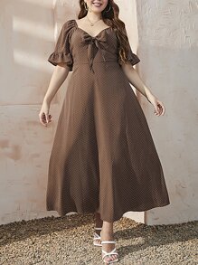 Mulvari 大碼波卡圓點荷葉袖前打結A字連衣裙