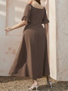 Mulvari 大碼波卡圓點荷葉袖前打結A字連衣裙