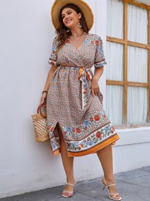 SHEIN Unity Plus Floral Print Split Thigh Belted Dress - Multicolor - View 1