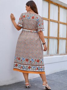 SHEIN Unity Plus Floral Print Split Thigh Belted Dress - Multicolor - View 2
