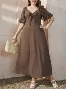 Mulvari 大碼波卡圓點荷葉袖前打結A字連衣裙