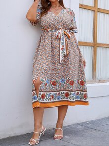 SHEIN Unity Plus Floral Print Split Thigh Belted Dress - Multicolor - View 4