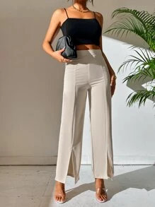 SHEIN PETITE 分襟直筒裙褲 - 米色 - 查看 5