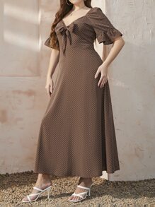 Mulvari 大碼波卡圓點荷葉袖前打結A字連衣裙
