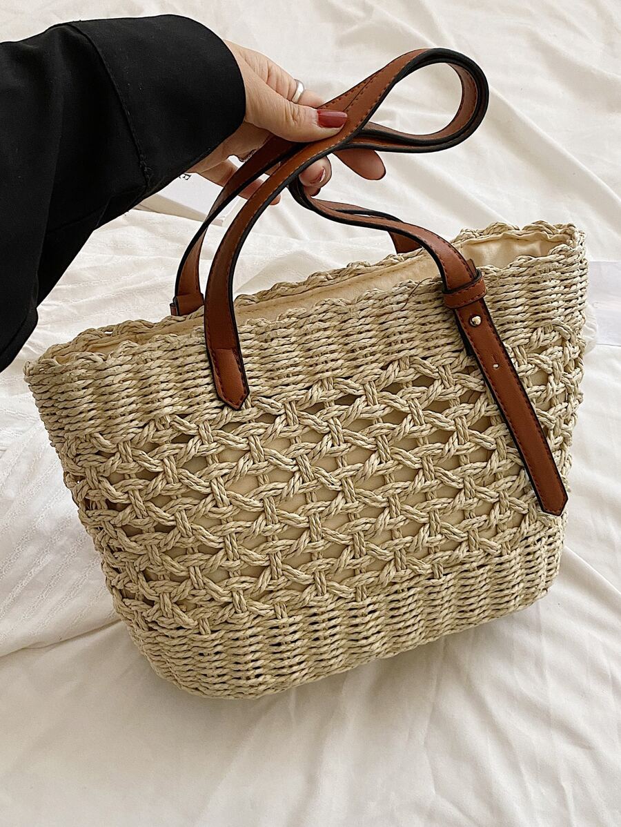 Bolsa de mimbre con diseño de abertura - Beis - Ver 1