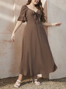 Mulvari 大碼波卡圓點荷葉袖前打結A字連衣裙