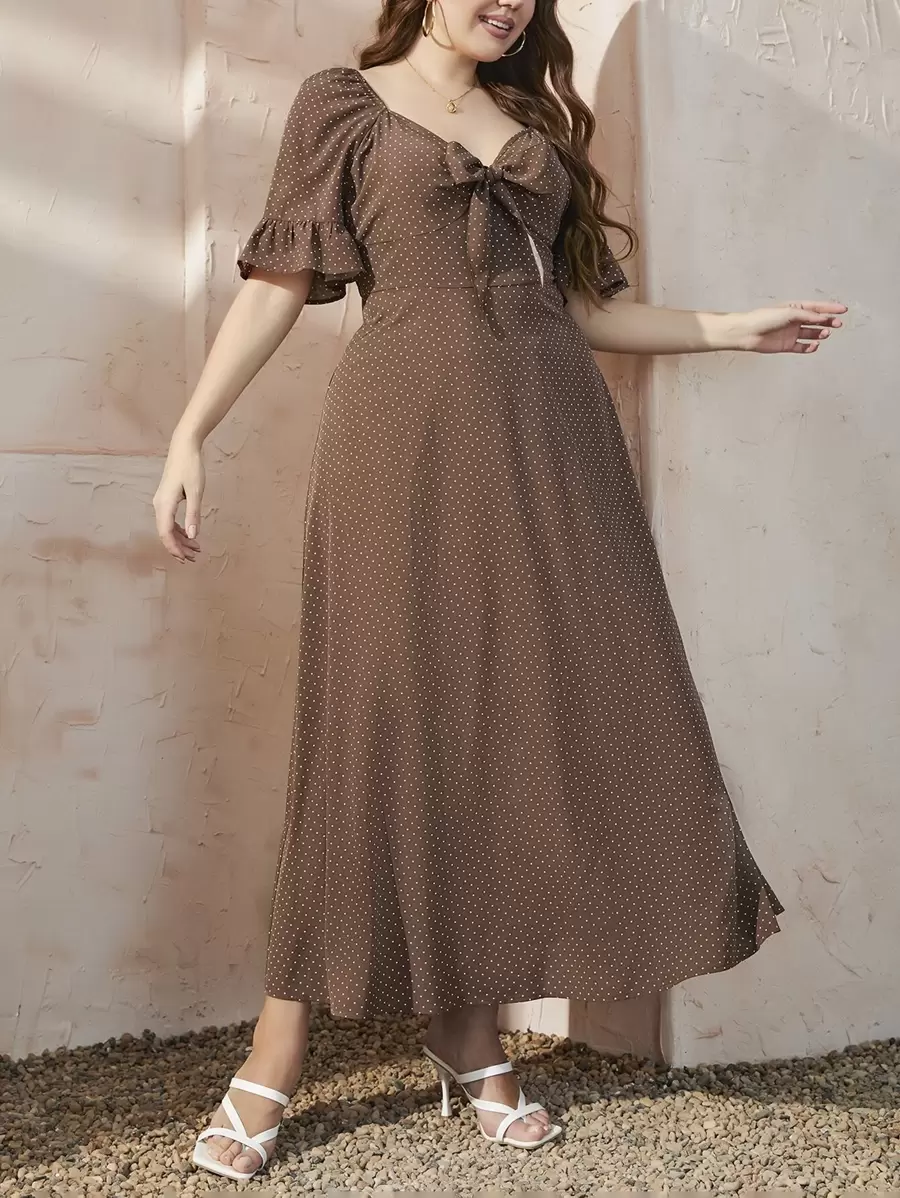 Mulvari 大碼波卡圓點荷葉袖前打結A字連衣裙