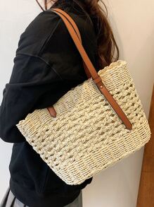 Bolsa de mimbre con diseño de abertura - Beis - Ver 2