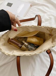 Bolsa de mimbre con diseño de abertura - Beis - Ver 4