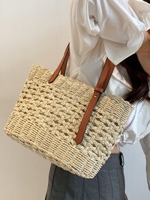 Bolsa de mimbre con diseño de abertura - Beis - Ver 8