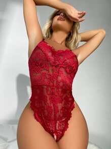Floral Lace Scallop Trim Teddy Bodysuit - Màu Đỏ Sâu - Xem 4