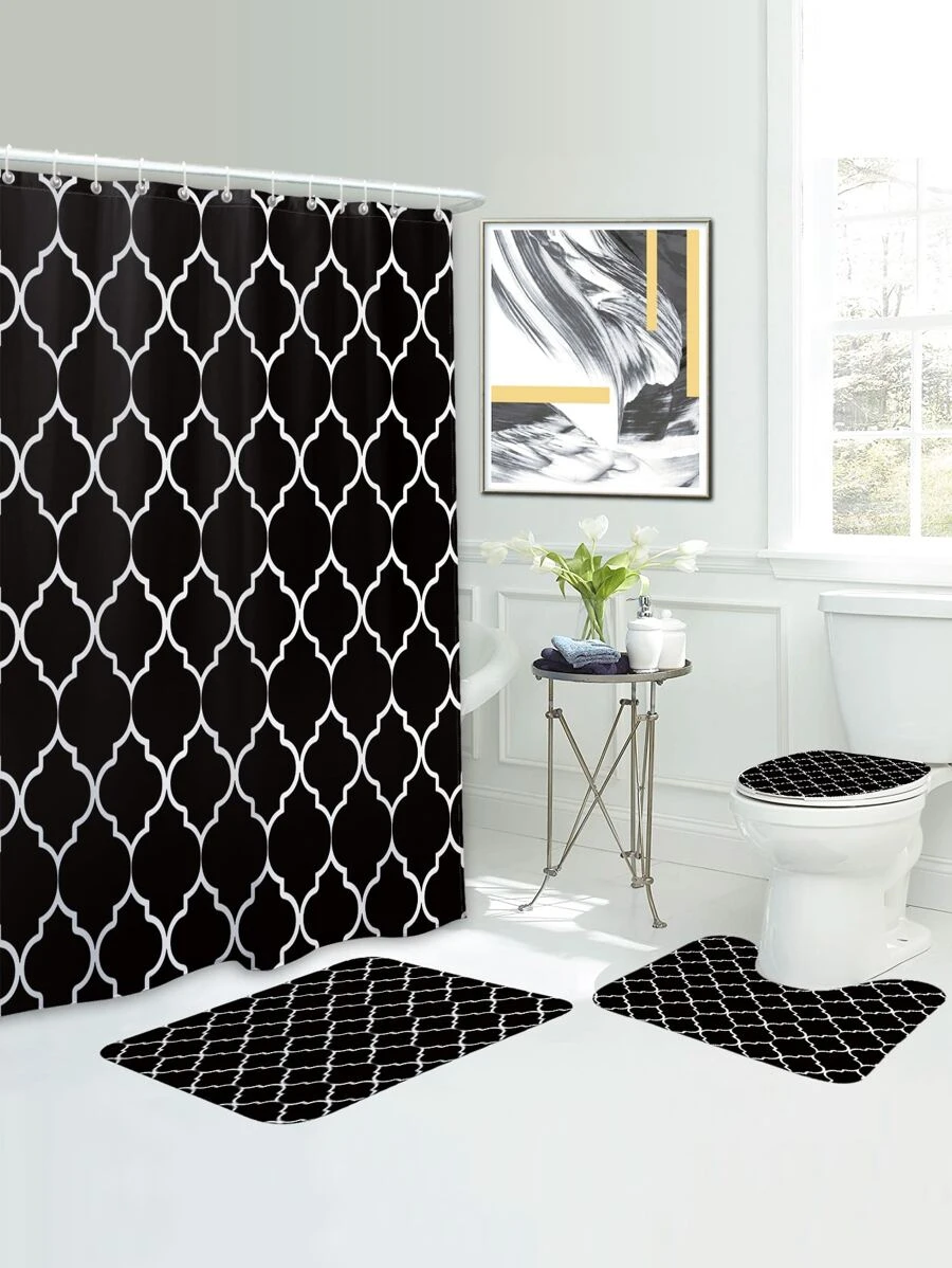 1pc Tấm thảm tắm in hình học hoặc 1 tấm rèm tắm - Đen và trắng - Xem 1