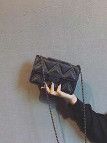 Mini Studded Decor Flap Chain Square Bag - Black - View 1