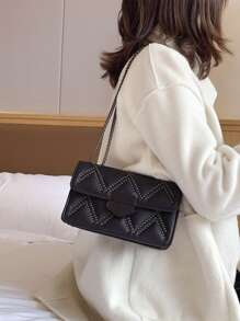 Mini Studded Decor Flap Chain Square Bag - Black - View 2