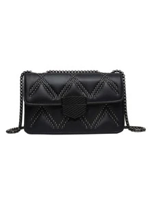 Mini Studded Decor Flap Chain Square Bag - Black - View 4