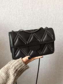 Mini Studded Decor Flap Chain Square Bag - Black - View 5