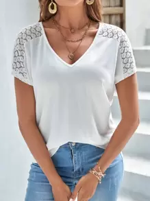 SHEIN Frenchy Áo thun nữ Tương phản ren màu trơn Giải trí - trắng - Xem 1