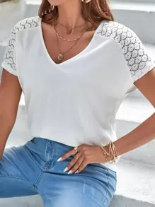 SHEIN Frenchy Áo thun nữ Tương phản ren màu trơn Giải trí - trắng - Xem 2