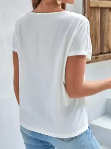 SHEIN Frenchy Áo thun nữ Tương phản ren màu trơn Giải trí - trắng - Xem 5