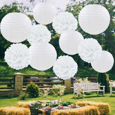 Bộ 12/24/36/48/7 quả cầu hoa giấy lồng đèn màu trắng, bộ hoa giấy lồng đèn màu hồng cánh sen theo chủ đề, trang trí đám cưới, tiệc tùng, sinh nhật, tân gia, đèn lồng, đồ trang trí treo trần nhà.