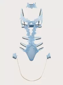 Exotic-Bondage 3 gói Bộ đồ liền thân Teddy ren đính ren có vòng cổ & dây đeo cổ tay, Bộ đồ lót - Màu xanh nhạt - Xem 1