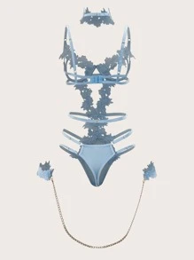 Exotic-Bondage 3 gói Bộ đồ liền thân Teddy ren đính ren có vòng cổ & dây đeo cổ tay, Bộ đồ lót - Màu xanh nhạt - Xem 2