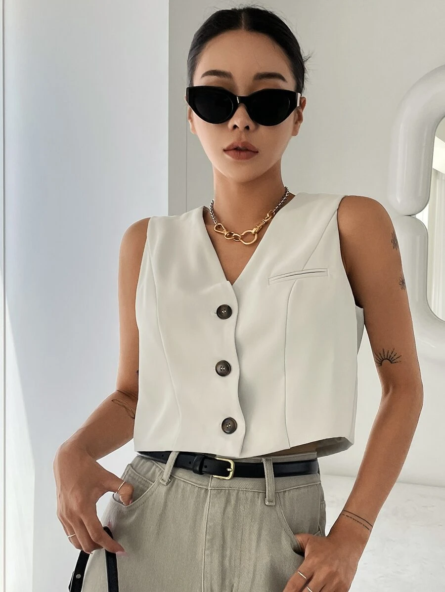 DAZY 休闲旅行纯色无袖背心商务装 - 白色 - 查看 1