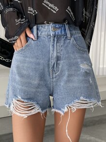 DAZY High Waist Ripped Raw Trim Denim Shorts - Medium Wash - View 1