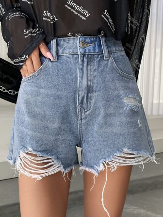 DAZY High Waist Ripped Raw Trim Denim Shorts