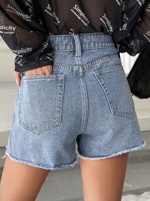DAZY High Waist Ripped Raw Trim Denim Shorts - Medium Wash - View 2