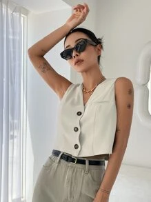 DAZY 休闲旅行纯色无袖背心商务装 - 白色 - 查看 7