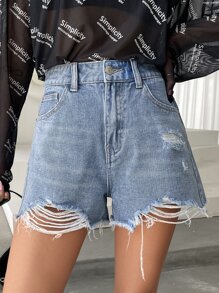 DAZY High Waist Ripped Raw Trim Denim Shorts - Medium Wash - View 8