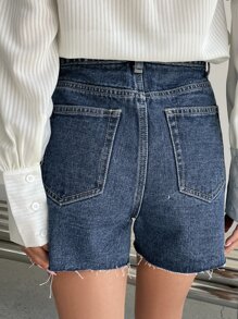 DAZY 高腰撕邊牛仔短褲 - 深色水洗藍 - 查看 2