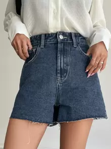 DAZY 高腰撕邊牛仔短褲 - 深色水洗藍 - 查看 3