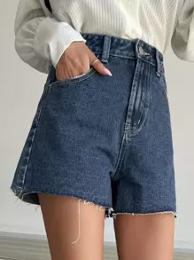 DAZY 高腰撕邊牛仔短褲 - 深色水洗藍 - 查看 4